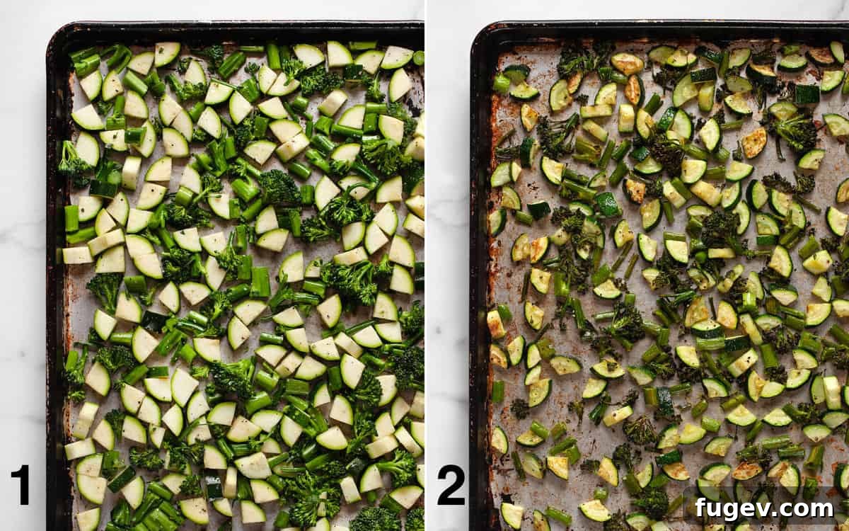 Rustic Roasted Broccolini Zucchini Pasta Salad 4 Two images showcasing vegetables on a sheet pan: one before roasting with fresh broccolini and zucchini, and another after roasting, demonstrating their golden-brown and tender-crisp transformation.