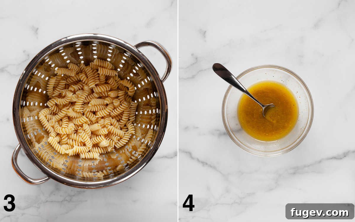 Rustic Roasted Broccolini Zucchini Pasta Salad 5 A side-by-side view of perfectly cooked fusilli pasta draining in a colander, adjacent to a small bowl containing the freshly prepared vibrant lemon vinaigrette.