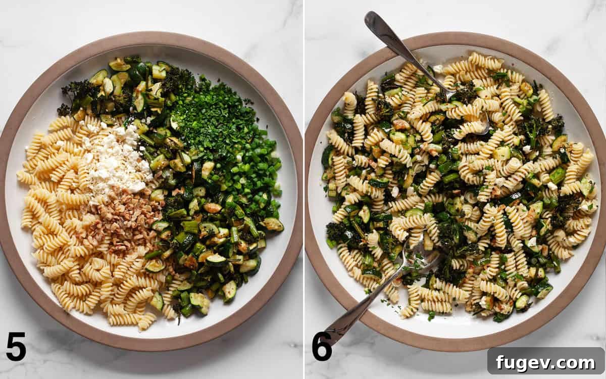 Rustic Roasted Broccolini Zucchini Pasta Salad 6 A two-part image: first, the individual salad ingredients laid out in a large bowl before mixing; second, the fully tossed and dressed broccolini zucchini pasta salad, vibrant and ready to serve.
