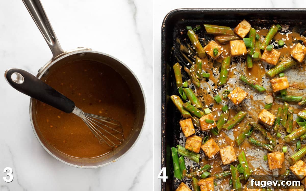 Crispy Sesame Tofu and Roasted Asparagus Sheet Pan Dinner 5 Sesame sauce simmering in a small pot. Roasted asparagus and tofu tossed in the finished sesame sauce on a sheet pan, garnished with scallions and sesame seeds.
