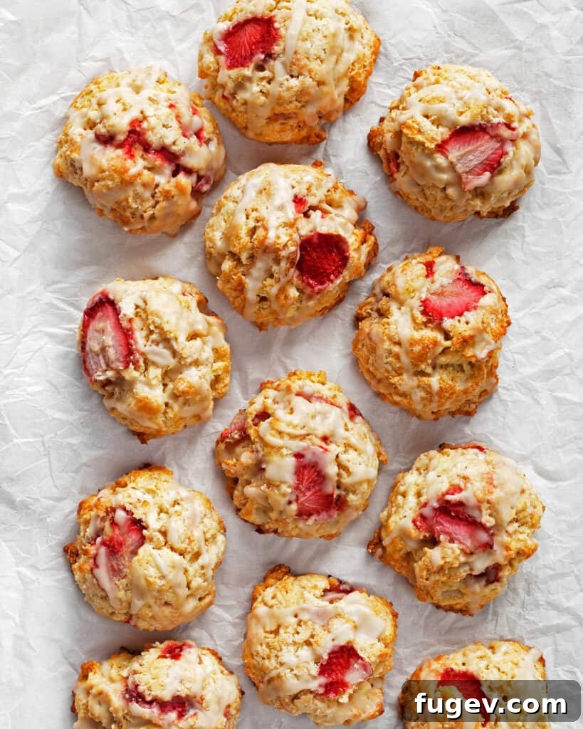 Almond-Kissed Strawberry Scones 2 A close-up of delicious strawberry almond scones arranged beautifully on a serving plate, dusted lightly with powdered sugar, showcasing their rustic charm and golden-brown tops.