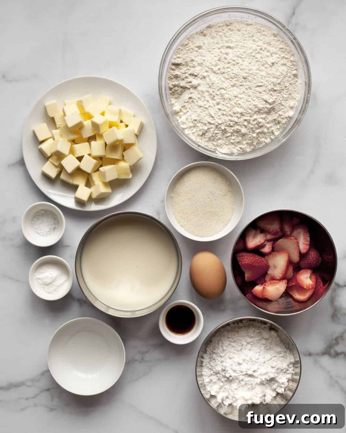 Almond-Kissed Strawberry Scones 3 A vibrant flat lay photograph showcasing all the key ingredients for making delicious strawberry almond scones. Visible ingredients include all-purpose flour, cold cubes of unsalted butter, granulated sugar, fresh bright red strawberries, a bottle of almond extract, baking powder, a single large egg, a measuring cup of milk, vanilla extract, and a small pinch of salt.