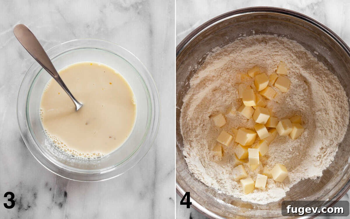 Almond-Kissed Strawberry Scones 5 A small bowl holding whisked wet ingredients is positioned beside a larger bowl containing the flour and butter mixture, illustrating the moment before combining the two components for scone dough.