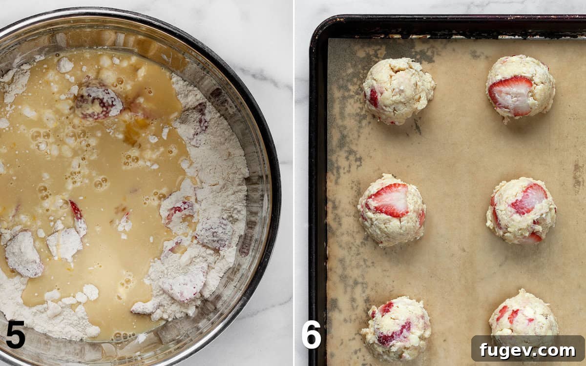 Almond-Kissed Strawberry Scones 6 The scone dough, studded with fresh strawberries, has been scooped into rustic mounds and placed on a parchment-lined baking sheet, prepared for baking.