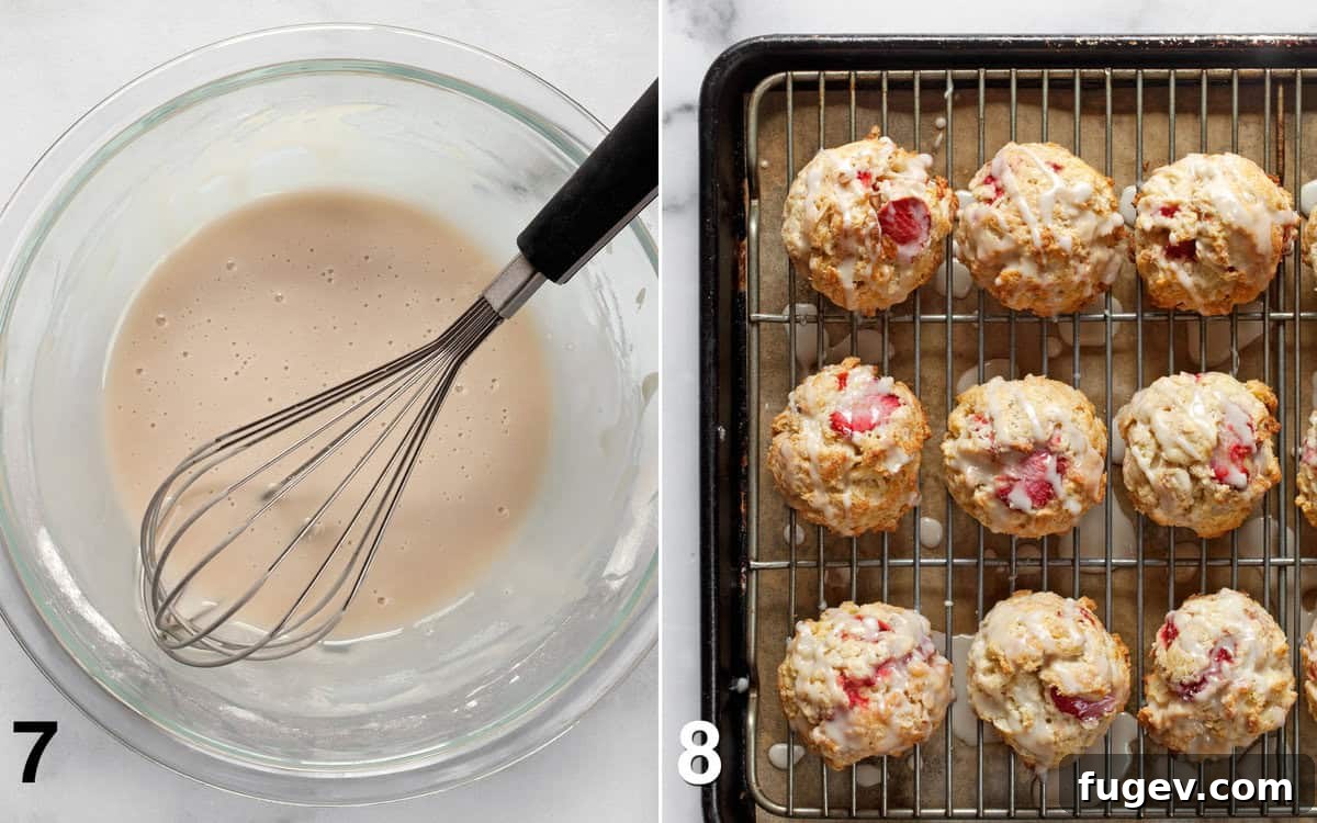 Almond-Kissed Strawberry Scones 7 A final close-up image showing a light almond glaze being artfully drizzled over the tops of freshly baked and completely cooled strawberry almond scones, preparing them for serving.