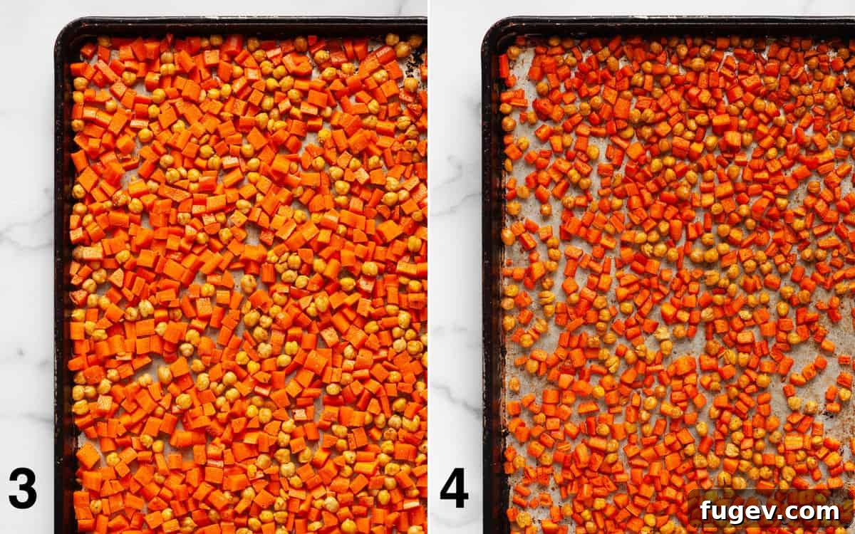 Caramelized Carrot Farro 5 Before and after roasting: Carrots and chickpeas spread on a sheet pan, showing the transformation from raw to perfectly roasted.