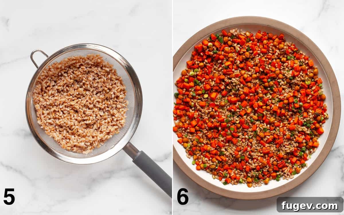 Caramelized Carrot Farro 6 A fine mesh strainer with cooked farro, and a large platter showcasing all recipe ingredients stirred together.