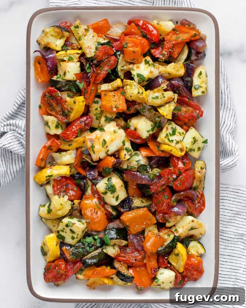Golden Halloumi & Vibrant Mediterranean Roast 2 Delicious Roasted Mediterranean Vegetables and Halloumi, perfectly browned and ready to serve.
