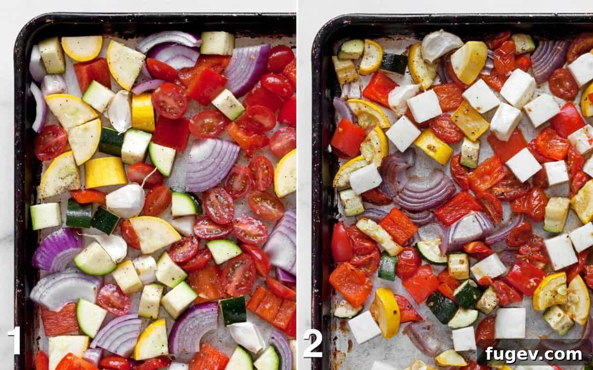 Golden Halloumi & Vibrant Mediterranean Roast 4 Progression of Mediterranean vegetables on a sheet pan: before roasting, after initial roast, and with halloumi added for final roasting.