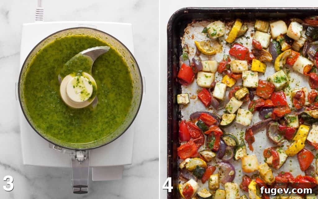 Golden Halloumi & Vibrant Mediterranean Roast 5 The vibrant herby sauce in a food processor, alongside roasted Mediterranean vegetables and halloumi tossed with the sauce on a sheet pan.