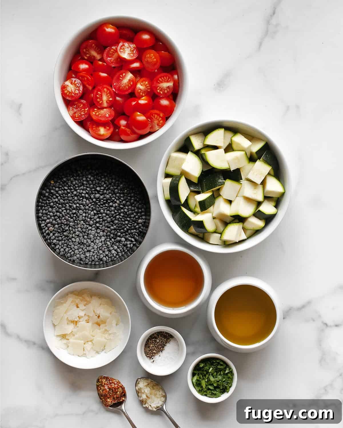 Vibrant Roasted Zucchini Tomato Lentil Salad 3 A flat lay photograph showcasing the fresh ingredients: vibrant tomatoes, green zucchini, black lentils, Parmesan cheese, white balsamic vinegar, olive oil, and seasonings.