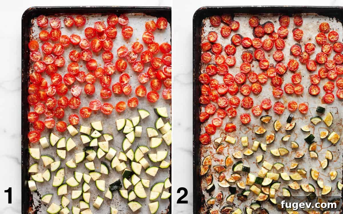 Vibrant Roasted Zucchini Tomato Lentil Salad 4 Tomatoes and zucchini on a sheet pan before and after they have been roasted to a tender, slightly caramelized perfection.