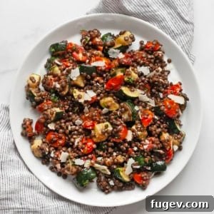Roasted zucchini tomato lentil salad on a plate.