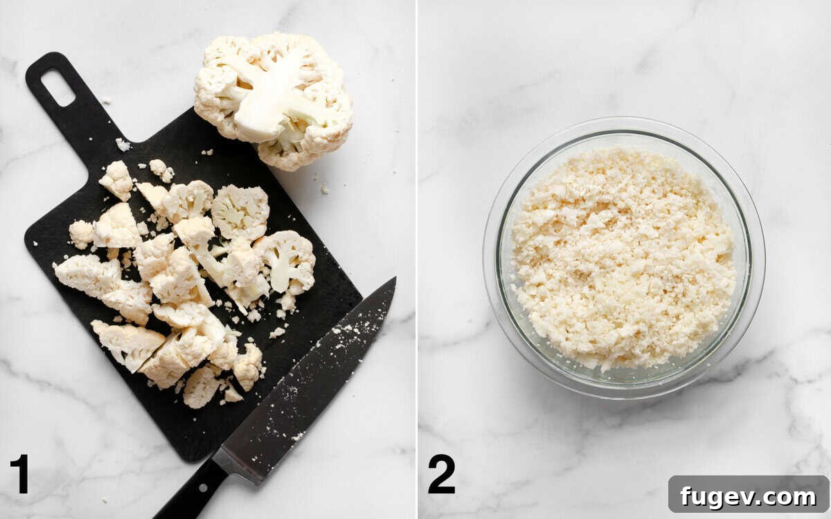 Crisp Roasted Cauliflower Grains 4 Large chunks of cauliflower on a cutting board next to a bowl of riced cauliflower ready for roasting.