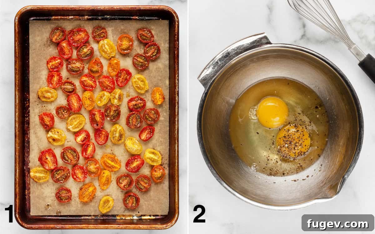 Golden Pesto Eggs with Blistered Tomatoes 3 Roasted tomatoes on a sheet pan. Eggs, salt and pepper in a bowl.