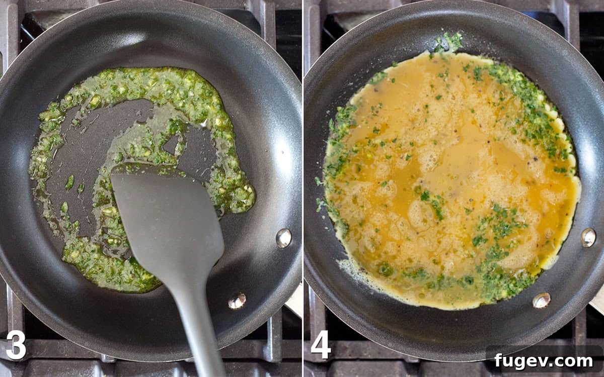 Golden Pesto Eggs with Blistered Tomatoes 4 Pesto in a small skillet. Eggs poured into pesto.