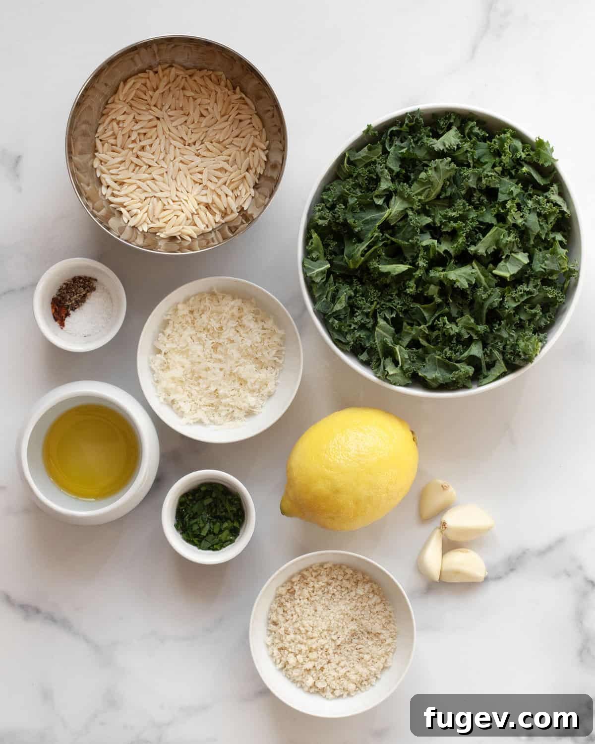 Zesty Lemon Kale Orzo 3 A vibrant flat lay of all the fresh ingredients needed for Lemon Kale Orzo, including bright lemons, fresh kale, uncooked orzo pasta, panko breadcrumbs, olive oil, garlic cloves, Pecorino cheese, fresh parsley, and a mix of salt, pepper, and red pepper flakes.