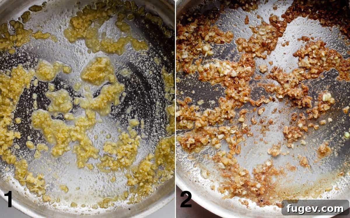 Zesty Lemon Kale Orzo 4 Two images side-by-side. The first shows panko breadcrumbs sautéing in olive oil in a skillet. The second shows minced garlic, red pepper flakes, salt, and pepper being stirred into the toasted breadcrumbs.