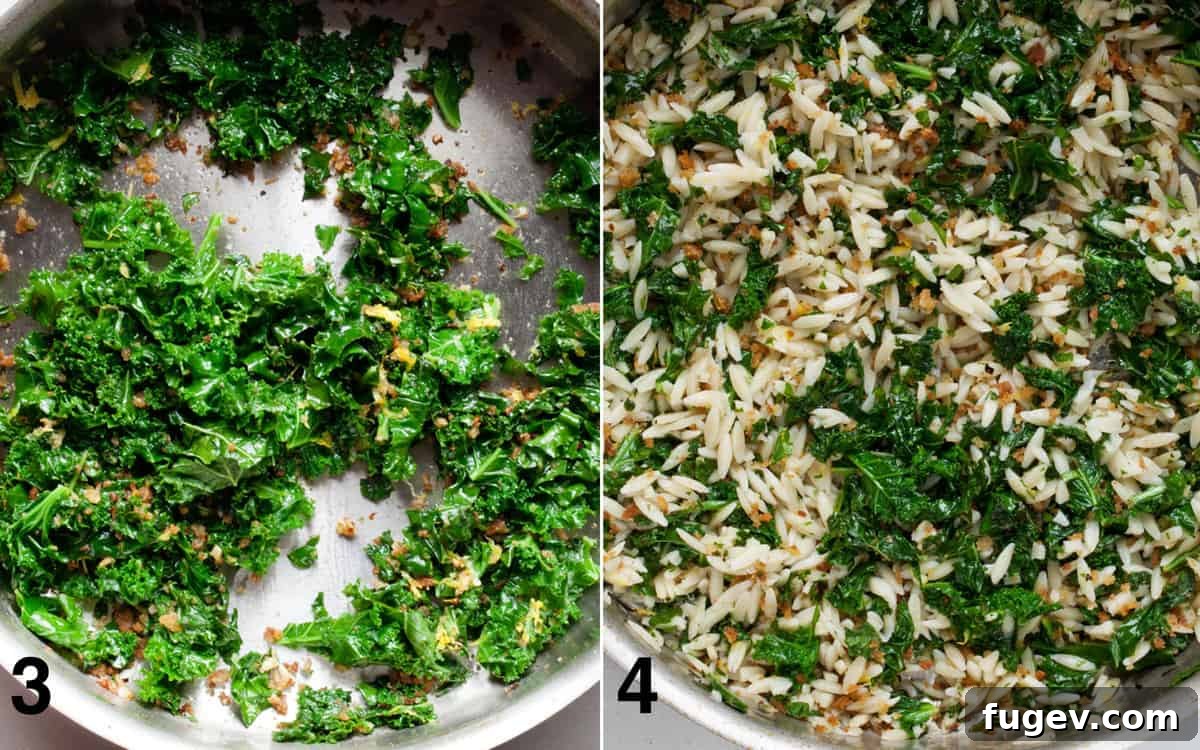 Zesty Lemon Kale Orzo 5 Two images side-by-side. The first shows chopped kale, lemon zest, and lemon juice added to the skillet with the breadcrumb-garlic mixture, sautéing. The second shows the cooked orzo, grated Pecorino, and fresh parsley being stirred into the kale mixture in the skillet.