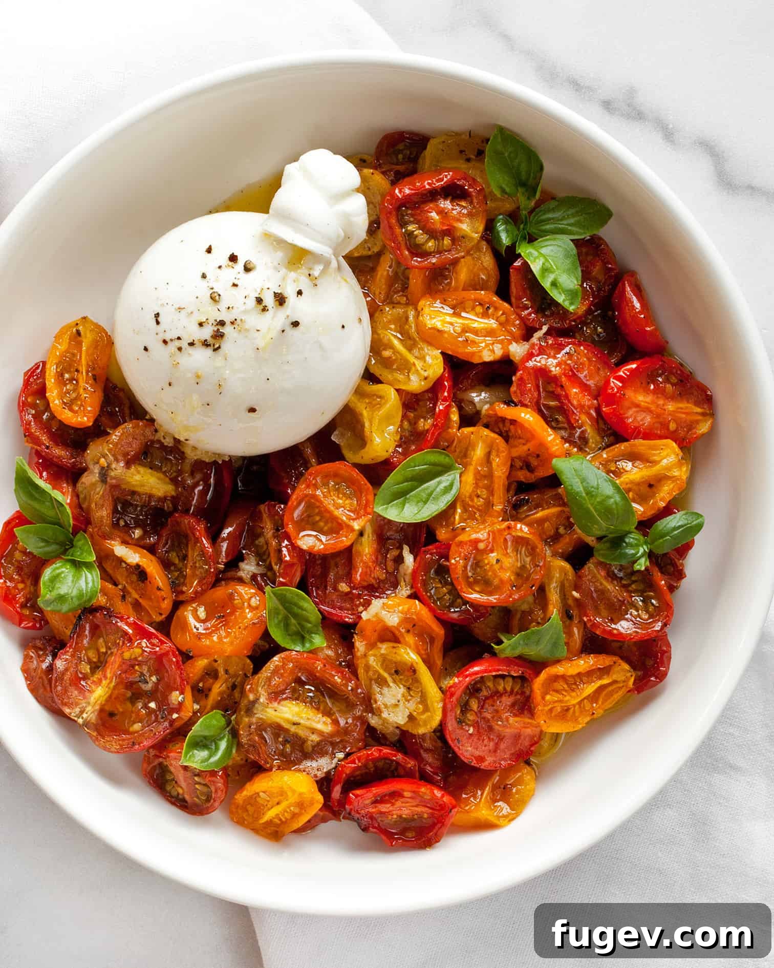 Sun-Kissed Tomato Burrata 3 Burrata Cheese and Roasted Tomatoes in a bowl
