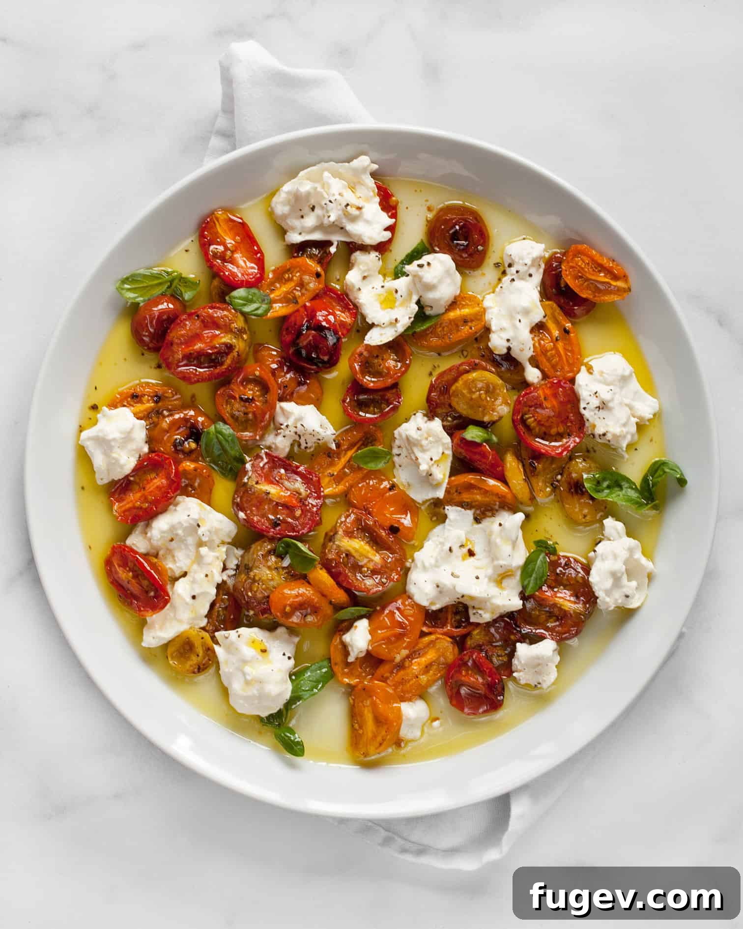 Sun-Kissed Tomato Burrata 5 Torn burrata cheese and roasted tomatoes on a plate