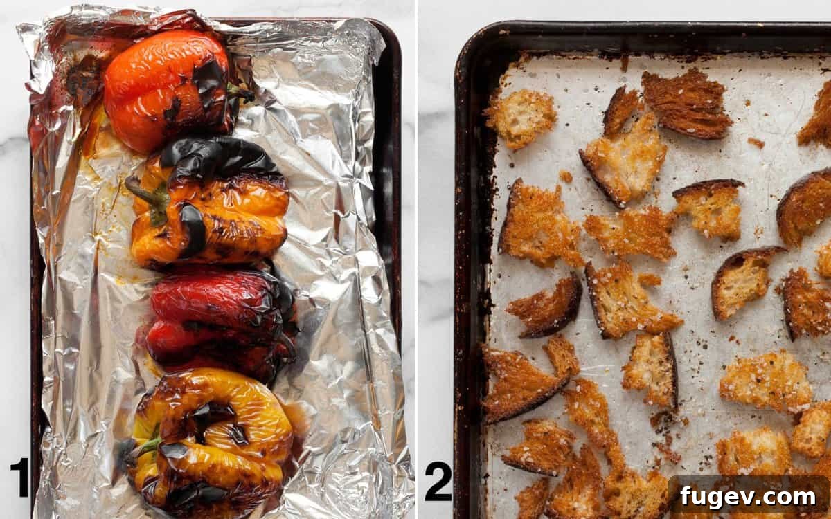 Fire-Kissed Pepper Salad 4 Visual guide showing broiled bell peppers on a sheet pan and seasoned bread toasting on another sheet pan.
