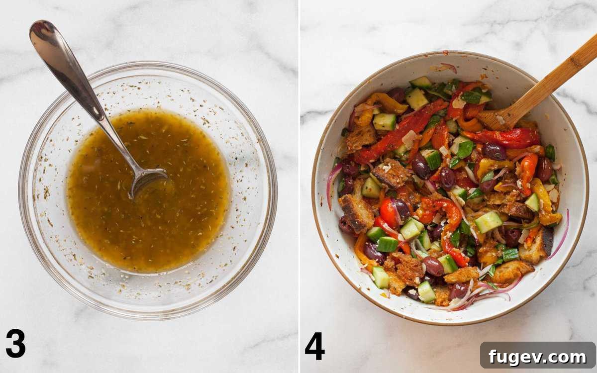 Fire-Kissed Pepper Salad 5 Visual guide showing Italian vinaigrette in a small bowl and the assembled pepper salad mixed in a large bowl.