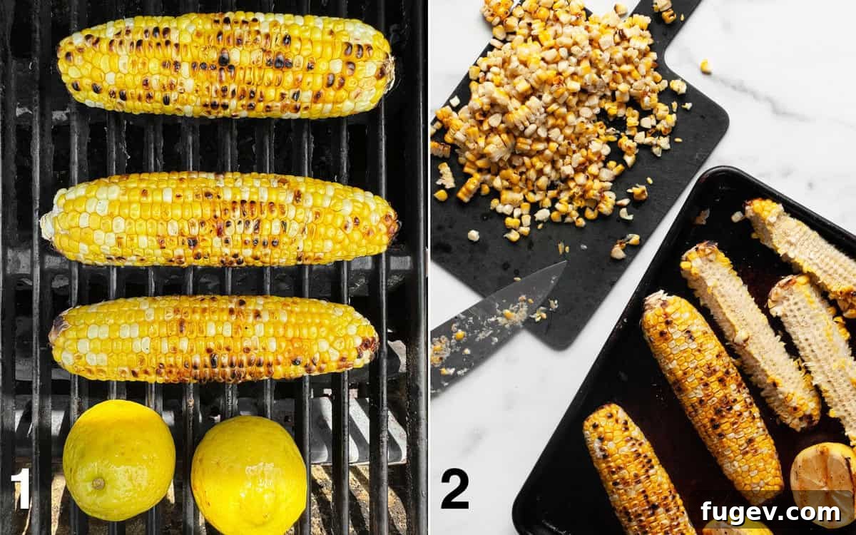 Smoky Corn Couscous Salad 4 Process image showing ears of corn and lemon halves charring on a grill, followed by a bowl of grilled corn kernels sliced off the cob.