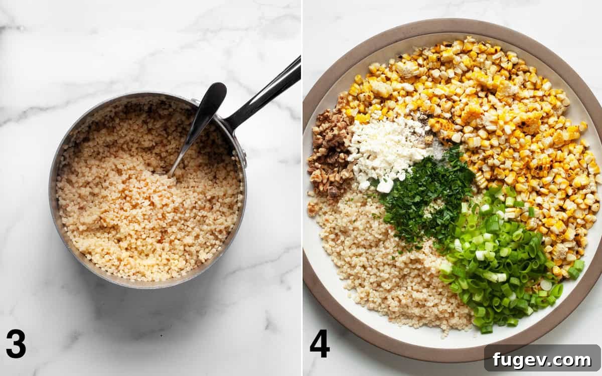 Smoky Corn Couscous Salad 5 Process images showing pearl couscous simmering in a pot and then all the prepared ingredients for the couscous assembled in a large mixing bowl.