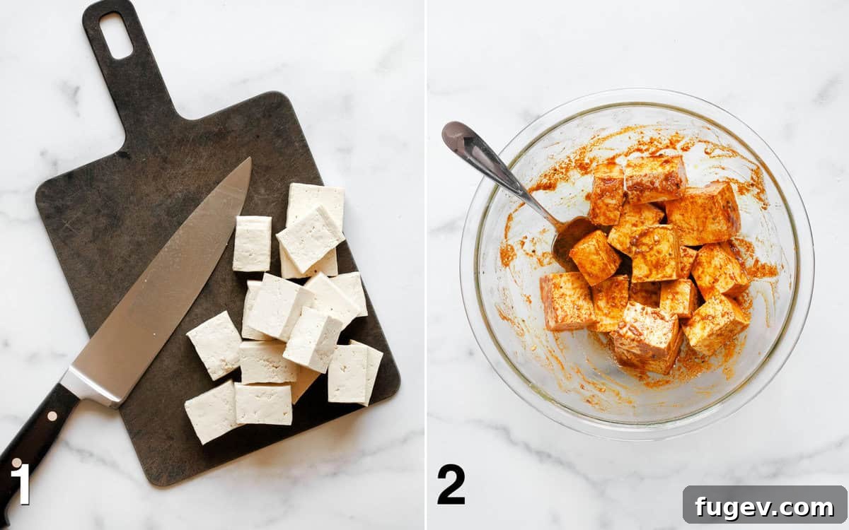 Spiced Grilled Tofu Shawarma 4 Tofu cubes on a cutting board, and tofu being stirred into a rich marinade in a bowl.