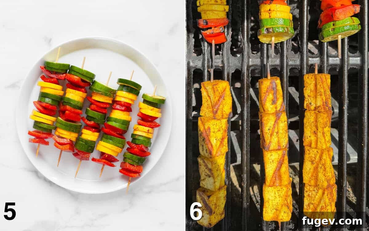 Spiced Grilled Tofu Shawarma 6 Vegetable skewers prepared for grilling, and tofu skewers sizzling on a hot grill, showing developing grill marks.