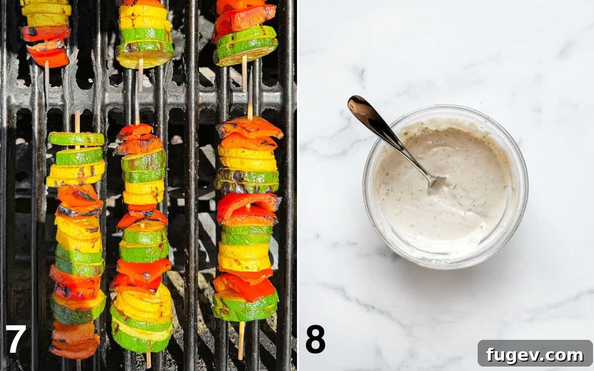 Spiced Grilled Tofu Shawarma 7 Vegetable skewers grilling on an outdoor barbecue, and a bowl of creamy white tahini sauce ready for serving.