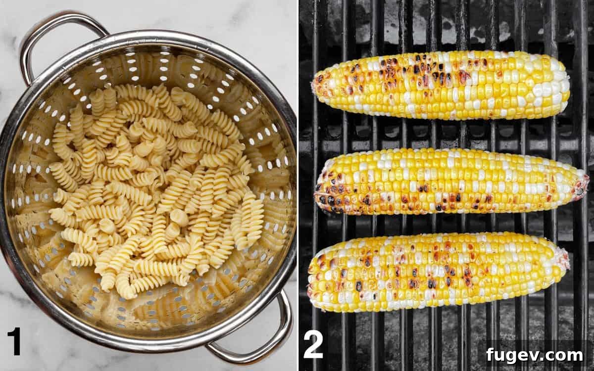 Fiesta Pasta Salad 4 Two side-by-side images. On the left, cooked fusilli pasta drains in a metal colander. On the right, three ears of corn are actively grilling on a hot grill, showing light char marks.