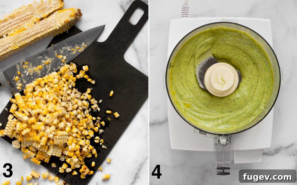 Fiesta Pasta Salad 5 Two side-by-side images. On the left, freshly sliced grilled corn kernels are piled on a wooden cutting board. On the right, a vibrant green avocado-lime dressing is being pureed to a smooth consistency in a food processor.