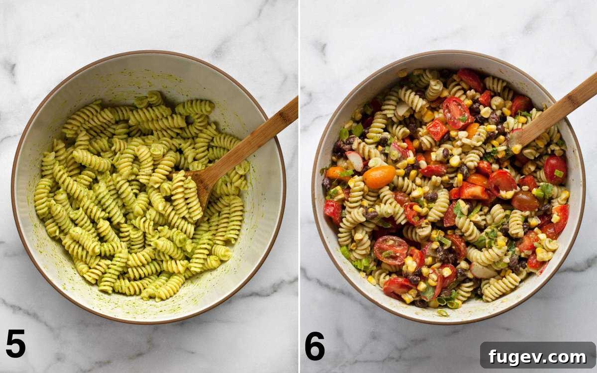 Fiesta Pasta Salad 6 Two side-by-side images. On the left, cooked fusilli pasta is mixed with the creamy green avocado-lime dressing in a large bowl. On the right, all the vibrant ingredients, including corn, black beans, tomatoes, peppers, radishes, and scallions, are fully incorporated into the dressed pasta, creating the finished Southwest Pasta Salad.