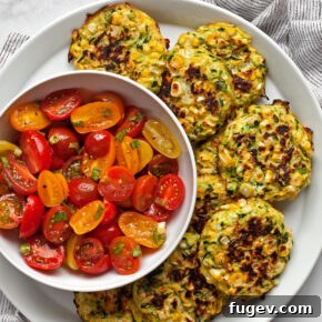Crispy oven-baked zucchini corn fritters served with a fresh tomato salad.