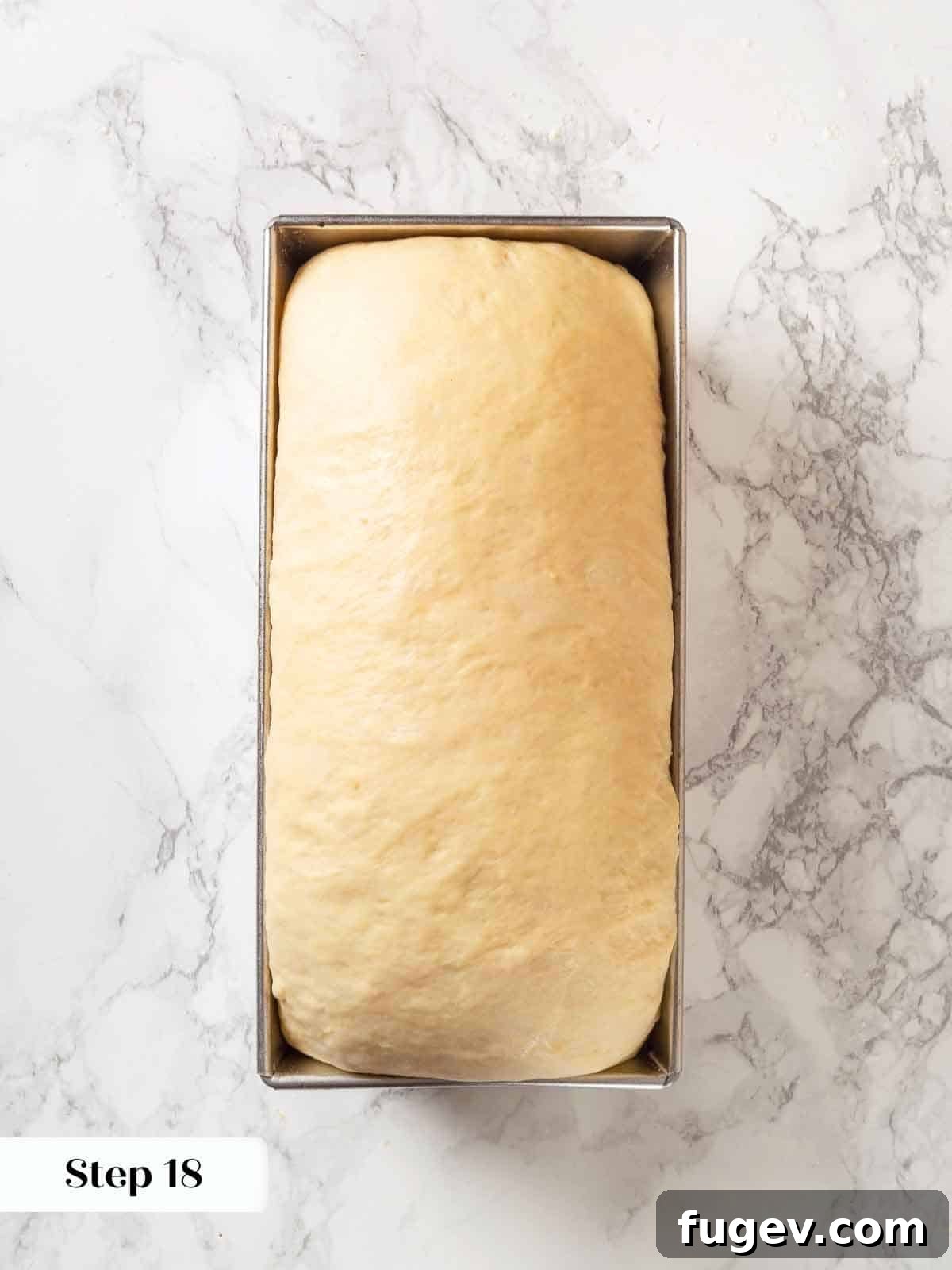 Pillowy Potato Loaf 20 Proofed potato bread dough in a loaf pan, visibly risen and ready to bake.