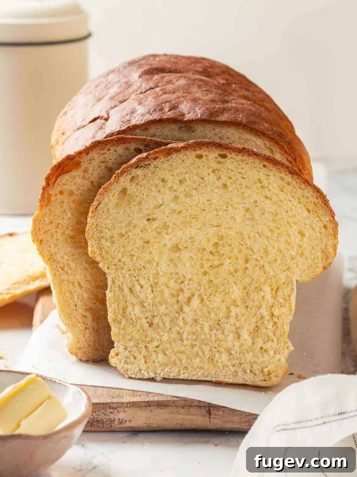 Pillowy Potato Loaf 22 A loaf of potato bread partially sliced, showing its soft interior and golden crust.