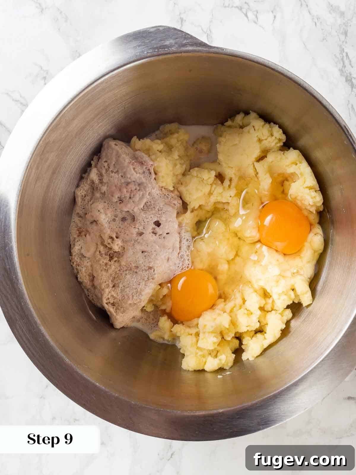 Pillowy Potato Loaf 8 A bowl with mashed potatoes, eggs, and yeast, ready to be mixed for potato bread.