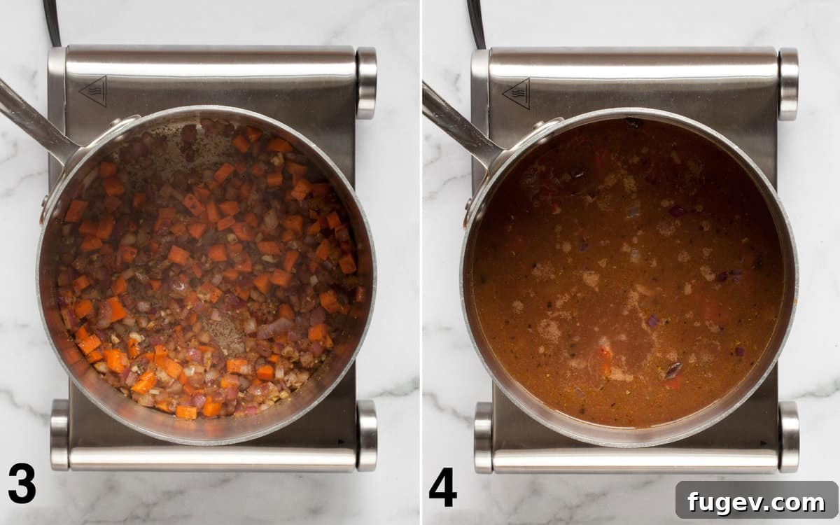 Smoky Vegan Black Bean Comfort 5 Cooking process showing carrots, spices, and garlic mixed with sautéed onions, then broth and fire-roasted tomatoes added to the pot.