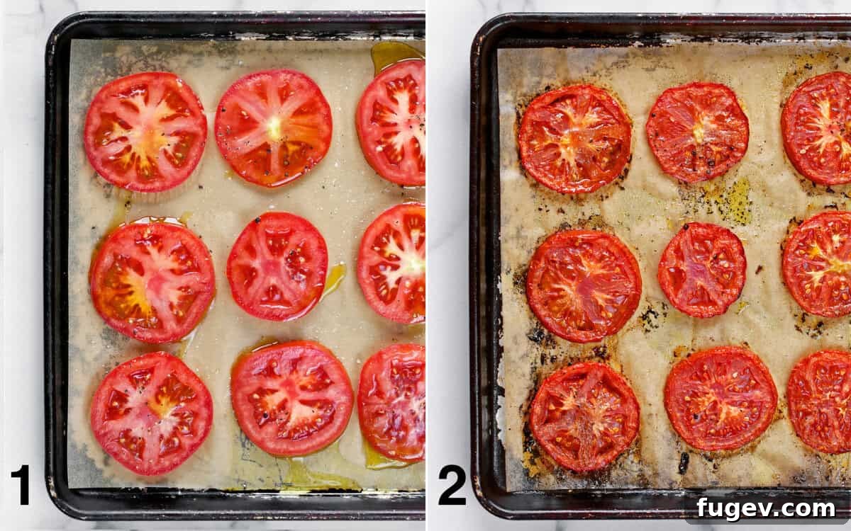 Fresh Caprese Avocado Toast 3 Before and after images of sliced tomatoes on a sheet pan, showing the transformation from fresh to roasted.