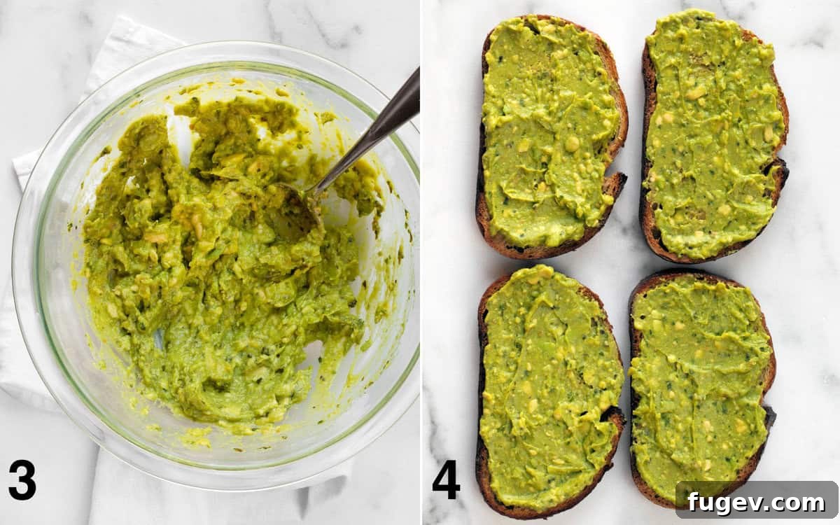 Fresh Caprese Avocado Toast 4 Mashed avocado with pesto in a bowl, next to a slice of toast with avocado spread.