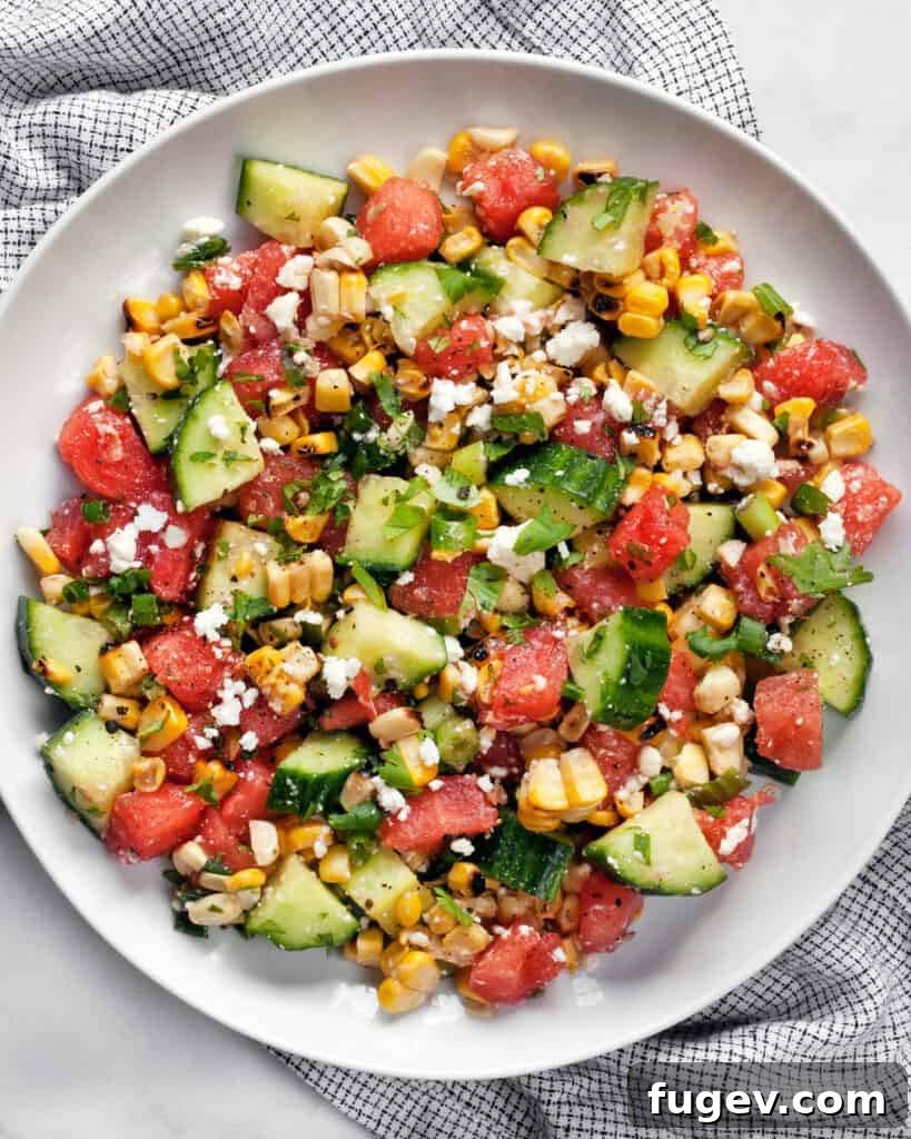 Vibrant Watermelon Cucumber Corn Medley 3 Close-up of Watermelon Cucumber Salad with Feta