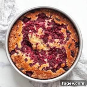 Raspberry buttermilk cake in a pan.