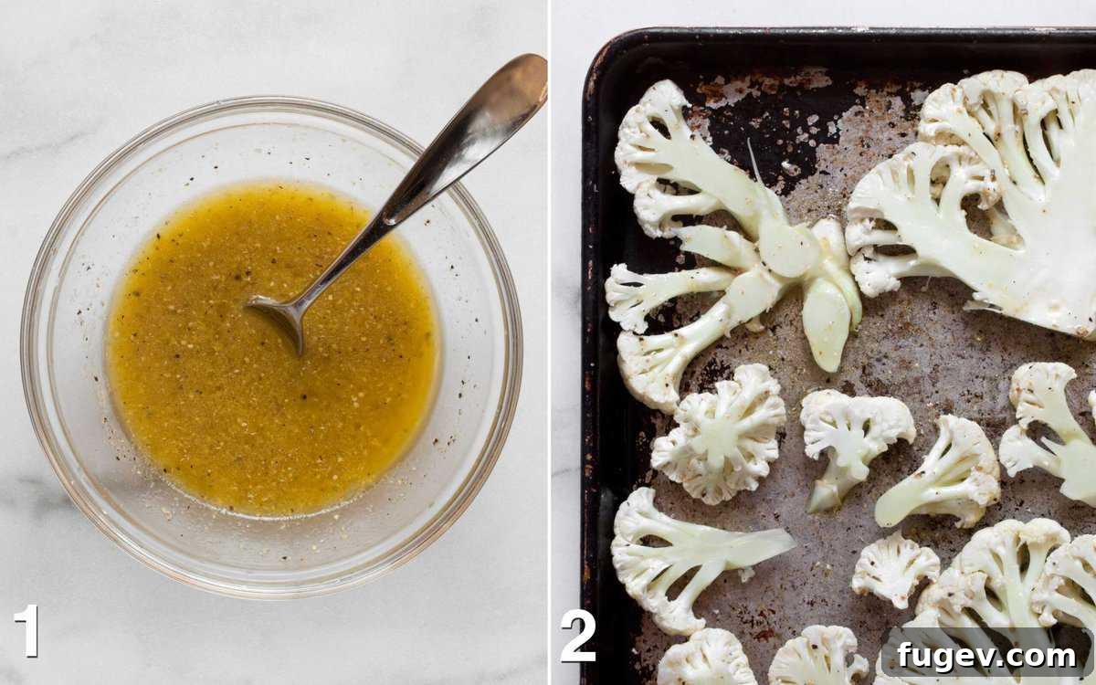Zesty Grilled Cauliflower Steaks 4 Two sequential images: The first shows the lemon pepper marinade being whisked in a small bowl, and the second displays raw cauliflower steaks being brushed generously with the marinade on a baking sheet, ready for the grill.