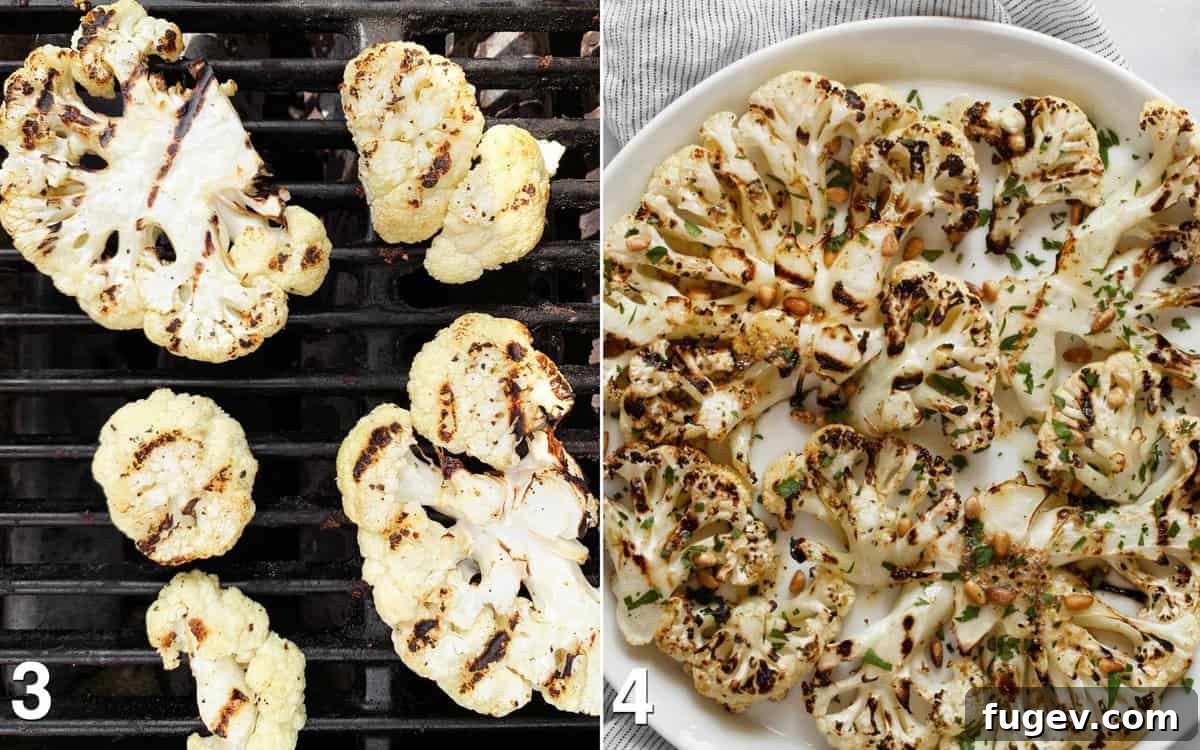Zesty Grilled Cauliflower Steaks 5 Two sequential images: The first shows cauliflower steaks grilling on an outdoor grill, developing perfect char marks. The second shows the finished grilled cauliflower on a plate, garnished with fresh parsley and toasted pine nuts.