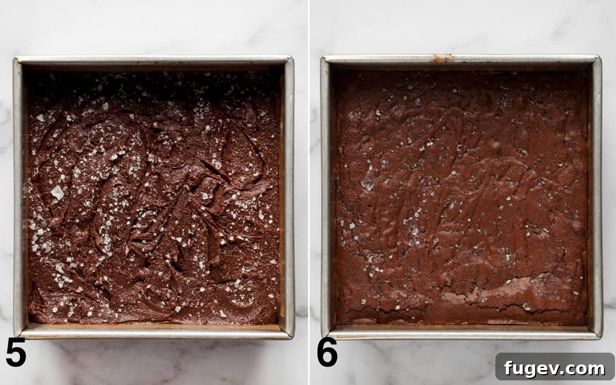 Effortless Salted Fudge Brownies 6 A two-part image showing brownie batter in a pan before baking with sea salt, and the same pan with baked brownies, showing a crackly top.