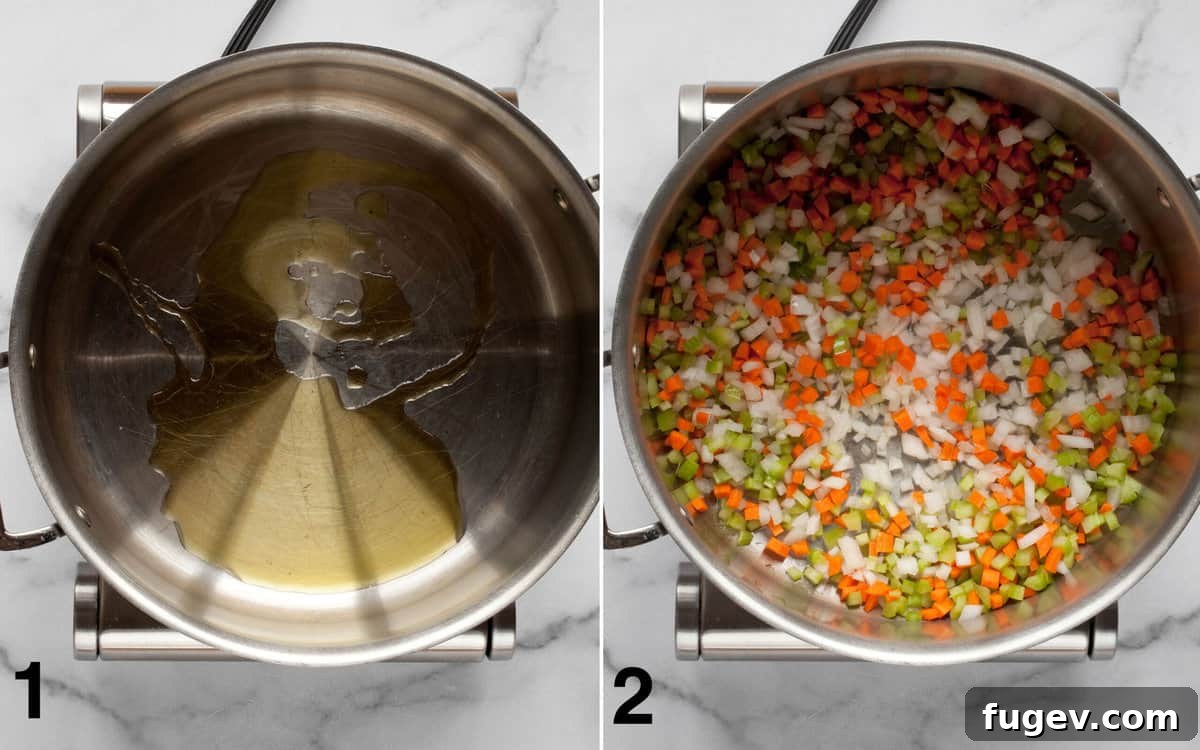 Hearty Italian Pasta Fagioli Soup 4 A large pot on the stovetop with olive oil heating, followed by a photo of chopped onions, carrots, and celery being sautéed until tender.