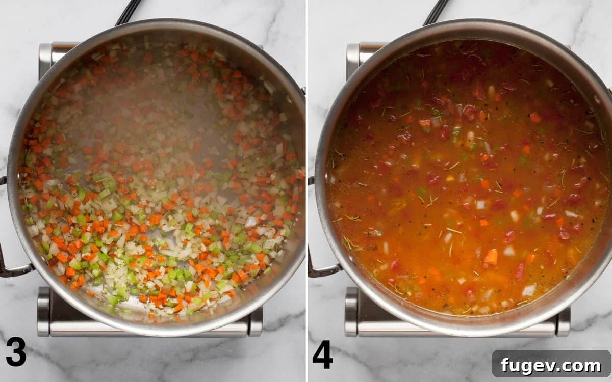 Hearty Italian Pasta Fagioli Soup 5 The cooking process showing minced garlic and dried spices being added to sautéed vegetables, followed by a photo of diced tomatoes, vegetable broth, and cannellini beans being poured into the pot.