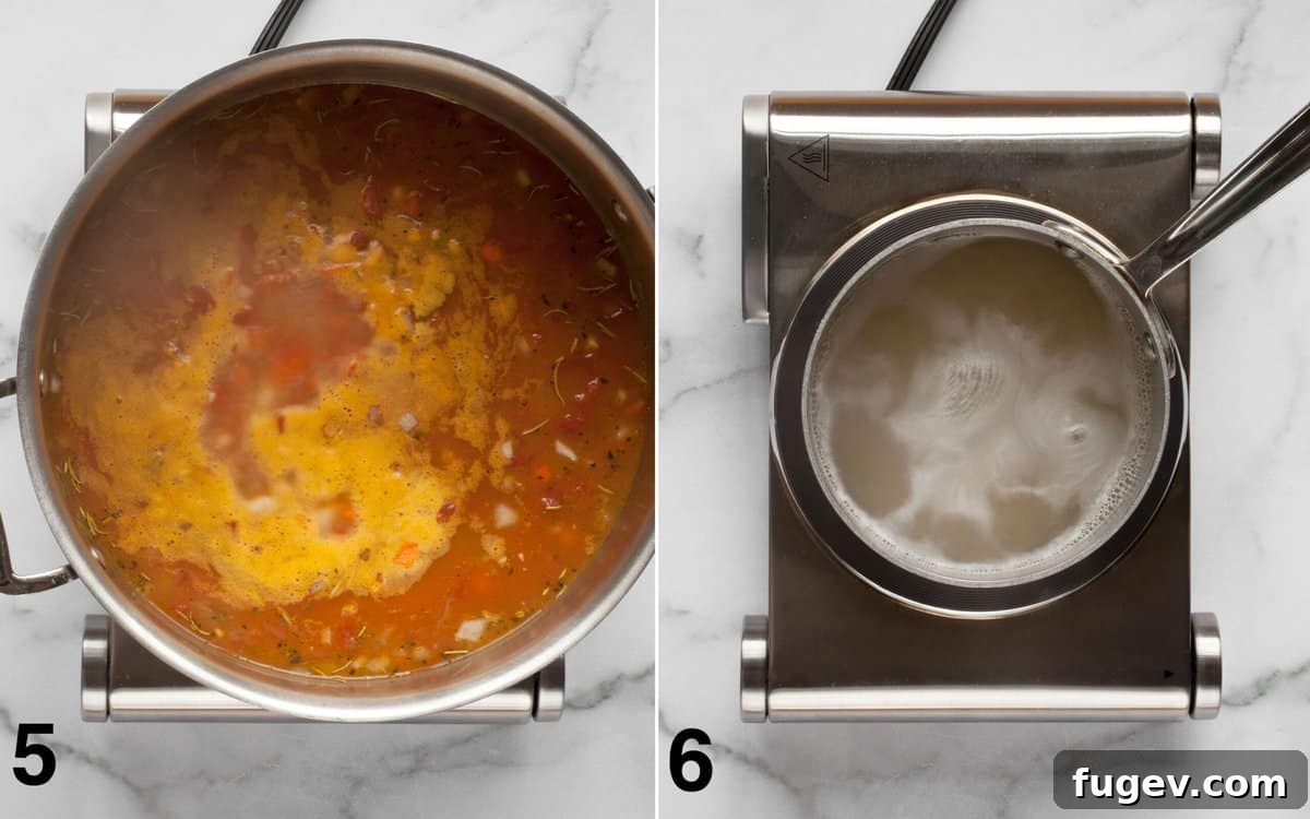 Hearty Italian Pasta Fagioli Soup 6 A photo depicting the soup simmering gently in a pot on one burner, while a separate pot of pasta cooks on another burner, illustrating the simultaneous cooking process.